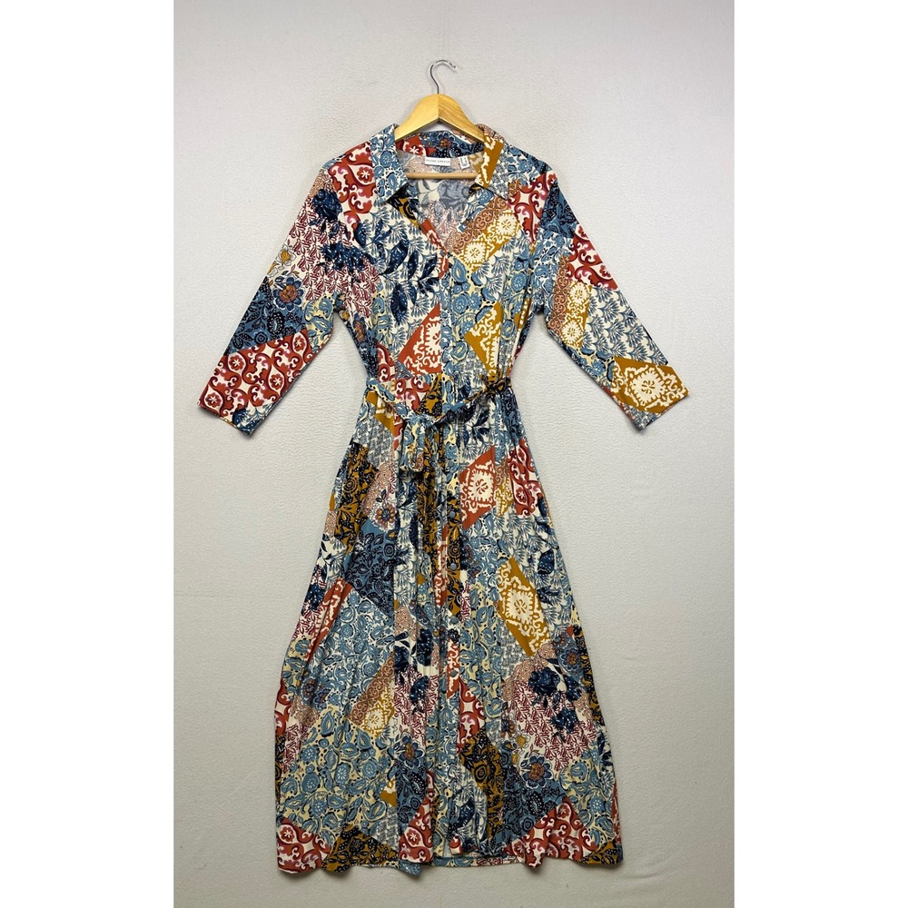 Boho Patchwork Susan Graver Womens Large Floral Paisley Maxi Dress Liquid Knit
